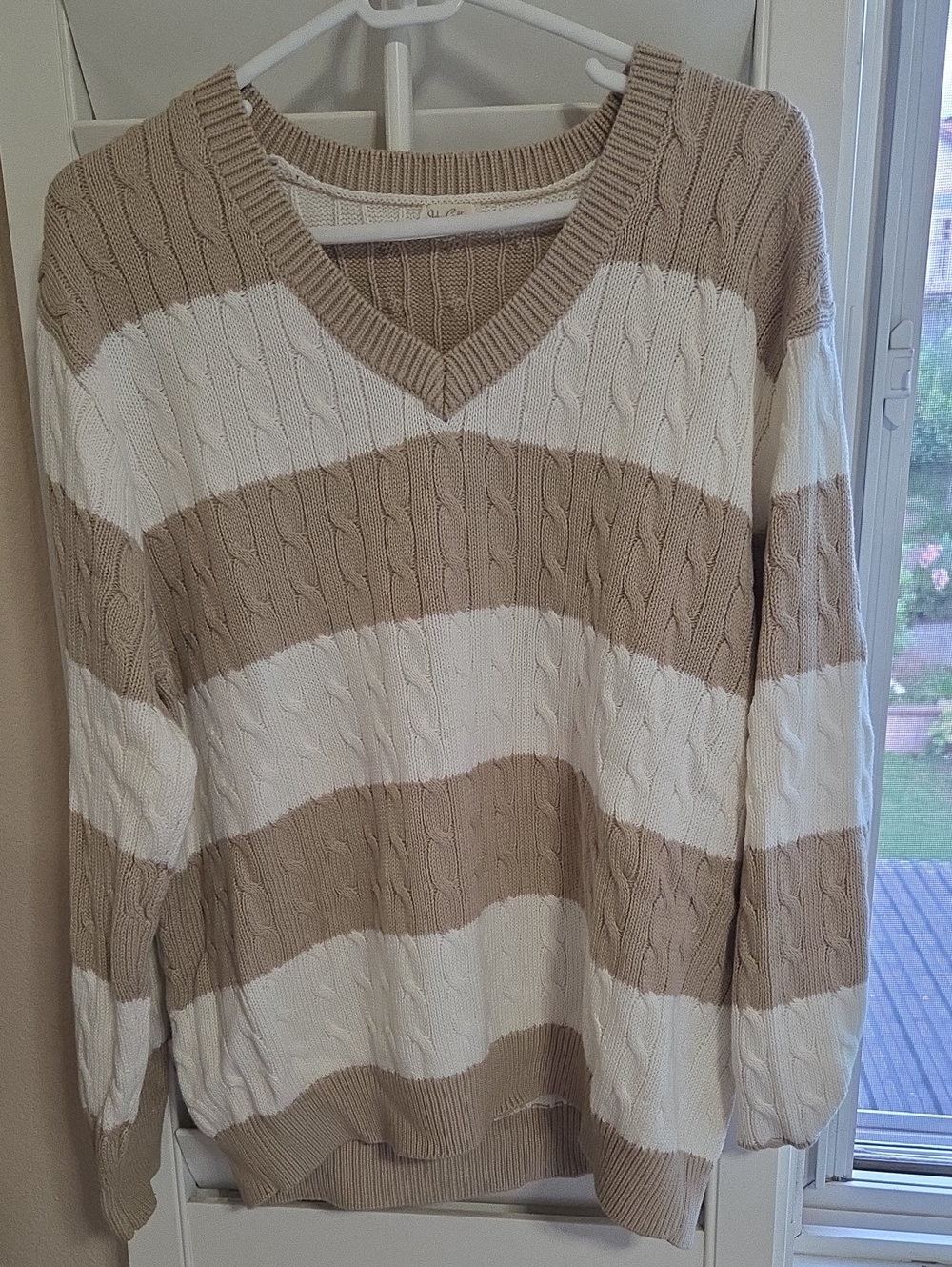 Brandy Melville Beige and White Striped V-Neck Sweater